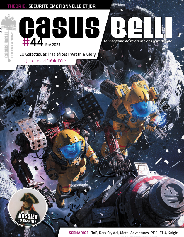 Couverture du Casus Belli n°44 (l'illustration principale montre des ouvriers dans l'espace, pour Chroniques Oubliées Galactique)