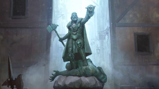 Statue de Sigmar tenant son marteau et une tête d'orc.