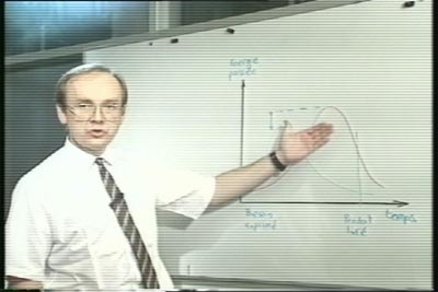 Un homme en crave montre un graphique dessiné sur un tableau blanc.